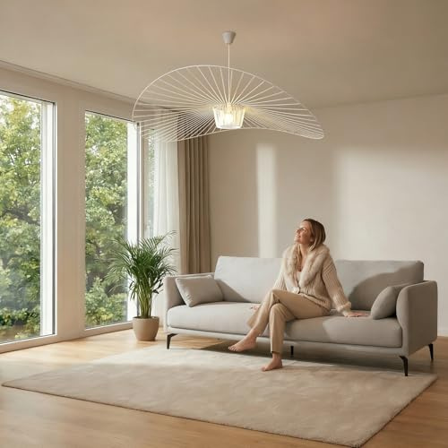 Vertigo Hänglampa 100 cm vit, nordisk pendellampa hattform design E27 för vardagsrum, sovrum, kök & loft, glasfiber stål polyuretan vintage hatt, max 40 W