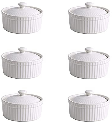 YRHH 6Pcs Oven Bowl with Lid Souffle Mold Ceramic Desserts Snacks Bowl Heat-Resistant Baked Pudding Bowl 6 Colors-White
