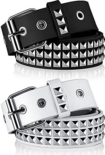 Vicenpal 2 Stück Nietengürtel Punk Rock Nietengürtel Metall Pyramide PU Leder Gürtel EMO Gürtel für Damen Herren, weiß/schwarz