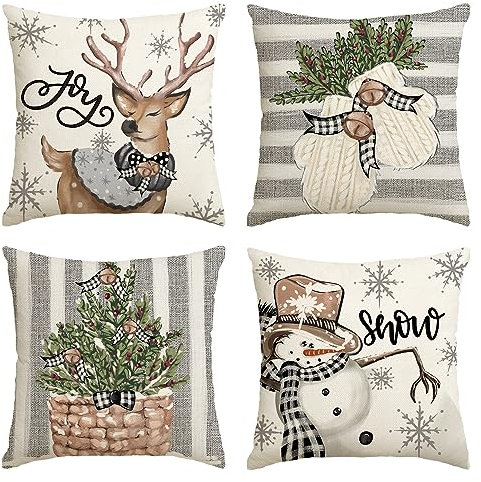 Artoid Mode Schneemann Rentier Handschuhe Holly Büffel Plaid Weihnachten Kissenbezüge 4er Set, 45x45cm Winter Zierkissenbezug Couch Wohnzimmer Deko
