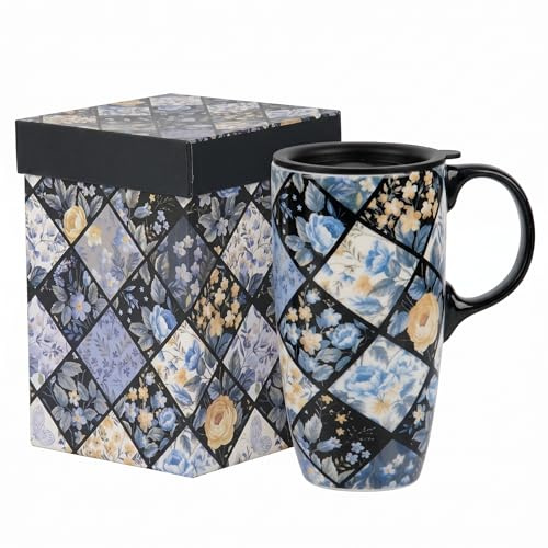 DUSVALLY 17oz Ceramic Travel Mug with Lid, Vintage Blue Floral Coffee Mug, Large Ceramic Tea Cup with Handle, Microwave & Dishwasher Safe, Gift Box Included