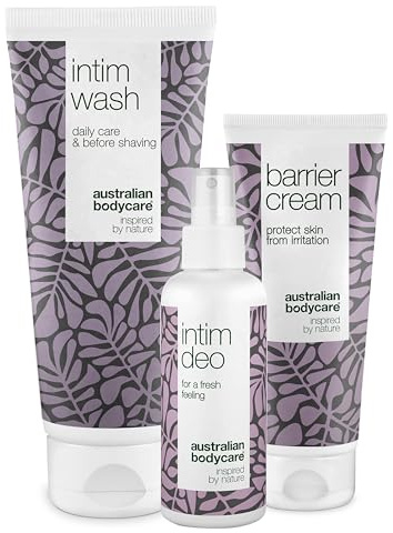 3-delat inkontinensvårdspaket bestående av tea tree oil intimtvål 200 ml, barriärkräm 100 ml och intim deodorant 100 ml för att minska obehagliga lukter | Vegansk & dermatologiskt testad