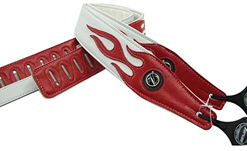 adiya Flame Sangle de guitare en cuir synthétique doux et confortable pour tous les types de guitares, basse, banjo, mandoline, longueur réglable (blanc rouge flamme)