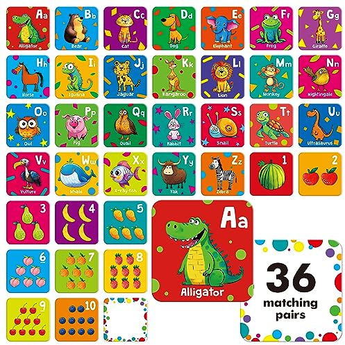 Hebayy 72 PCS Memory Matching Game, Alphabet & Numbers Matching Cards for Toddlers 36 Pairs Memory Cards for Preschool 4 5 6 Years Old