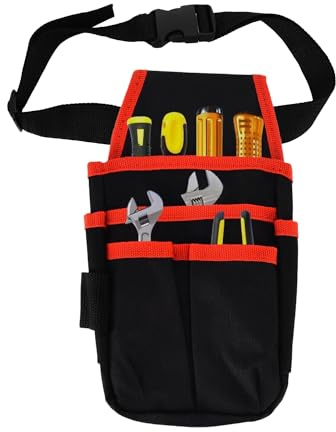 Tissting Werkzeuggürtel Mit 1,2m Gürtel, 13 x 25 cm, 6 Taschen, 600D Oxford Stoff - Arbeits Gürteltasche Für Schreiner, Elektriker, Techniker, Rot Rand, Ideal Für Werkzeugaufbewahrung Und Mobilität