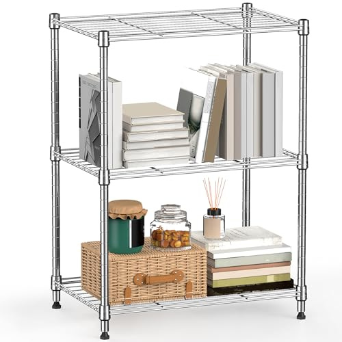 M MZG Height Adjustable Shelves,Heavy Duty Wire Pantry Shelving for Tool Sheds, Garage, and Storehouse,Metal,Chrome 3 tier,30 x 45 x 67 cm