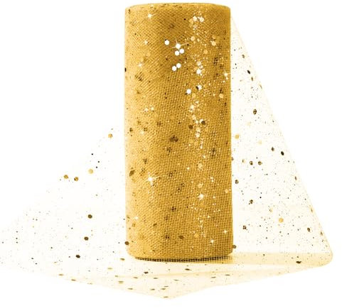 Tüll Stoff 15cm x 25Yards Glitzer Dekostoff Mit Kleine Pailletten Rolle für Hochzeit Party Bankett Deko Handwerk Tischedeko Geschenk Bogen Tüllband Gold