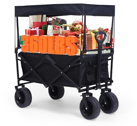 Nice C Zusammenklappbarer Klappwagen, Outdoor-Nutzwagen, Gartenwagen, strapazierfähig für 200 kg, großes Rad für Sand, große Kapazität, All-Terrain-Räder (Schwarz mit Vordach)