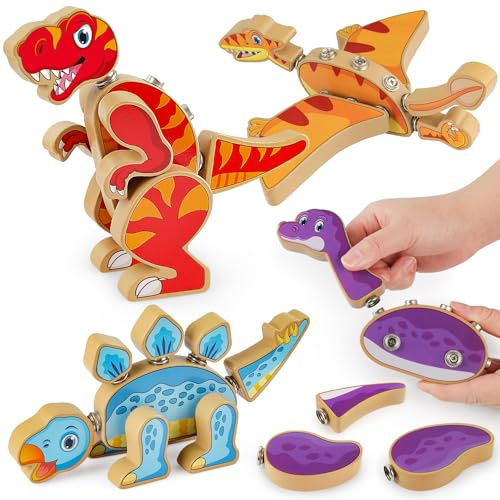 Coogam Dinosaur Snap Together Bauspielzeug für 3 4 5 Jahre | Holz Demontage Dinosaurier-Spielzeug, Trocken Montessori Bildung Feinmotor Skills Spielzeug Geschenk für Kinder