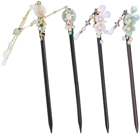 Lot de 4 baguettes à cheveux traditionnelles chinoises en bois avec fleur - Épingles à cheveux longues rétro - Fourchette à cheveux japonaise avec pompon pour femmes et filles