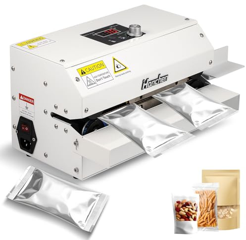 Hanchen Automatic Continuous Sealer 6m/min Continuous Band Sealing Machine Temp&Speed Adjustable, 300W Roller Heat Sealer for Plastic Bag Foil Bag Kraft Paper Bag (Without printing wheel)