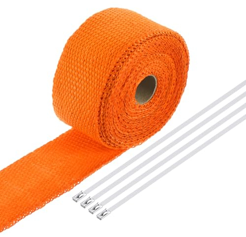 QUARKZMAN Hitzeschutzband 5 Meter x 5cm Auspuff Dichtband Auspuffband Fibreglass mit 4 Edelstahl Kabelbinder, für Auspuffkrümmer von Motorrädern und Autos, Orange