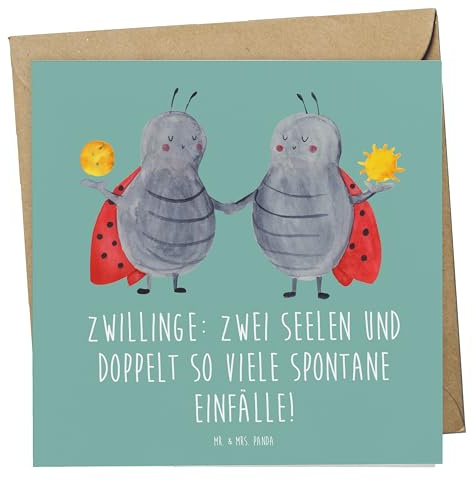 Mr. & Mrs. Panda Klappkarte Zwillinge Abenteuer - Geschenk, Geschenke Astrologie, Horoskop, Spontanität, Dualität, doppelkarte, Grußkarte, Tierkreiszeichen, faltkarte, Sternzeichen, Glückwunschkarte