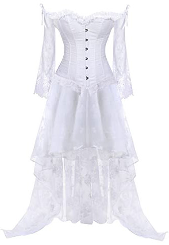 RIKAY Steampunk Dress Medieval Halloween Costumes Women's Gothic Vintage Set - Cold Shoulder Lace Long Sleeve Corset + Mesh Lace Skirt with Asymmetrical Hem, Steampunk Gothic Set White