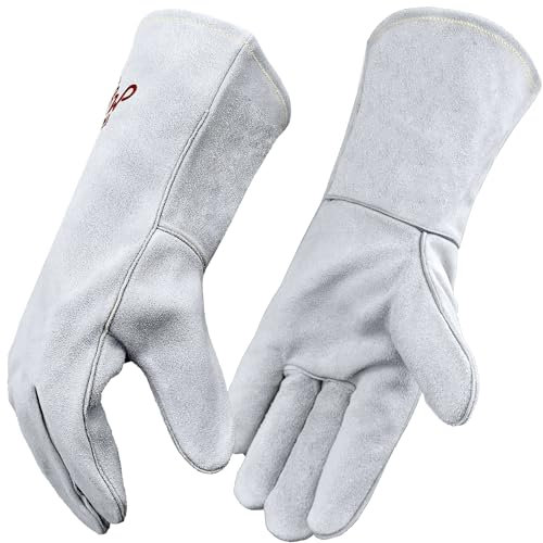 MYSAFETY Leather Welding Gloves for Men Women Fire Heat Resistant Gloves for Stick Tig Mig Fireplace Barbecue Oven Grill Wood Stove Pet Treatment Gloves