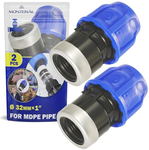 2 Stück Muffe Verschraubung Ø 32 mm x 1″ mit Innengewinde | Verstärkt mit Verzinktem Stahlring aus Polypropylen PP Fitting für die Verbindung von Polyethylen PE Rohr - MONTERAL