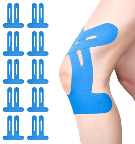 10 Bandes PréDéCoupéEs Kinesio en Bleu pour Genoux, ImperméAbles et éLastiques, Offrent un Soutien Musculaire et RéDuisent les Douleurs Aux Genoux, IdéAles pour les Sports et la RéCupéRation