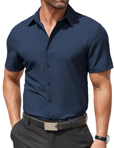 COOFANDY Mens Short Sleeve Dress Shirt Solid Business Shirt Stretch Formal Shirt No Iron Regular Fit Shirts Button Down Groom's Shirt Navy L
