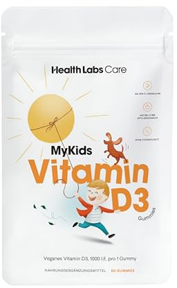 HEALT LABS CARE Vitamin D3 Gummies für Kinder, 1000 IE pro Portion, Ohne Zuckerzusatz oder Süßungsmittel, Vegan, Glutenfrei & Lactosefrei, Vitamin D Kinder, Laborgeprüft, 60 fruchtige Gummies