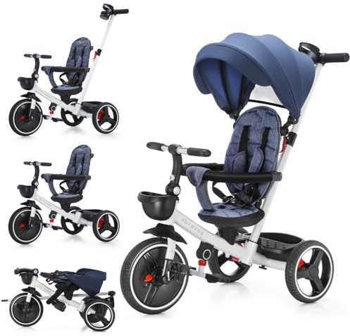 UBRAVOO Baby Dreirad 6 In1,Zusammenklappbares Kinderdreirad mit Verstellbarem Elterngriff,Radbremsen & abnehmbarem Verdeck, Trike mit Rückenlehne & Sicherheitsgurt von 10 Monaten bis 5 Jährige