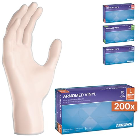 200x ARNOMED® Guantes vinilo talla L, Guantes desechables quirúrgicos y de laboratorio, Luvas vinilo descartáveis sin polvo y látex, Manoplas vinilo en S, M, L, XL