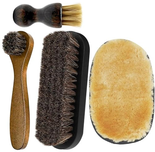 4 Pcs Shoe Care Products, Shoe Brush Set Shoe Polish Brush, Horsehair Shoe Brush Polish Brush Ideal, for Boots Car Seats Bags Sofas (3 Pcs Shoe Polish Brushes + 1 PCS Plush Polishing Glove)