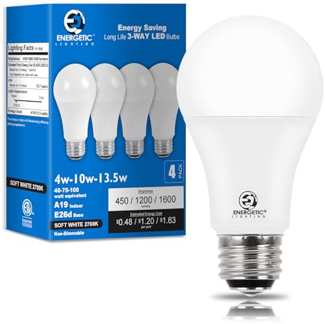 4-Pack 3 Way Light Bulbs 40 75 100W Equivalent, Soft White 2700k 3 Way LED Light Bulb, 450-1200-1600lm A19 LED Bulb, E26 Base Three Way Light Bulbs for Reading, ETL Listed