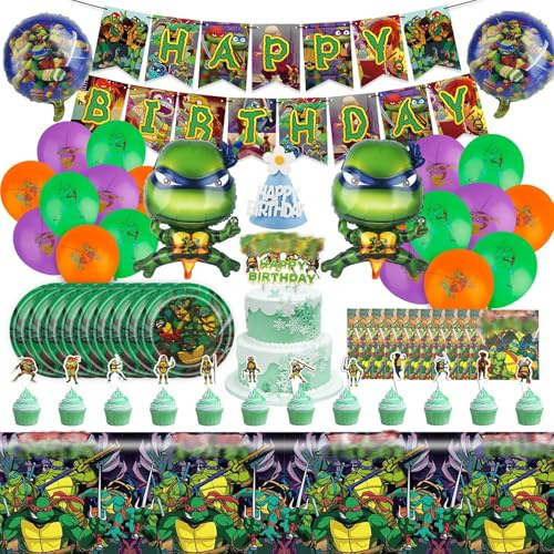 80Pcs Turt-les Kindergeburtstag Geschirr Deko Jungen- Ninja Geburtstag Partygeschirr Grün Luftballon Balloon Happy Birthday Geburtstagsdeko Girlande Pappteller Tortendeko Party Supplies für 10 Gäste
