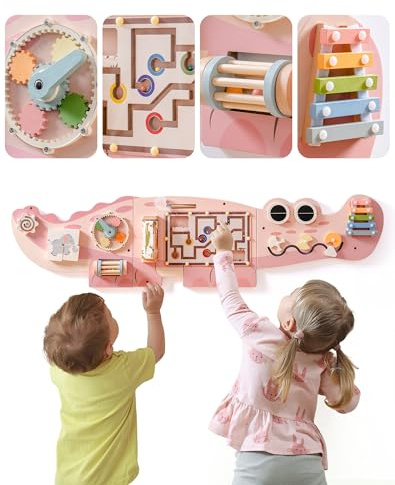 ROBOTIME Wandelement - Krokodil Aktivitäts Brett - Holzbrett - Spaßiges Dschungelabenteuer - Multi - interaktives Spielzeug - Formsortierer - Drehmaze - Pädagogisches Montessori - Spielzeug für Kinder