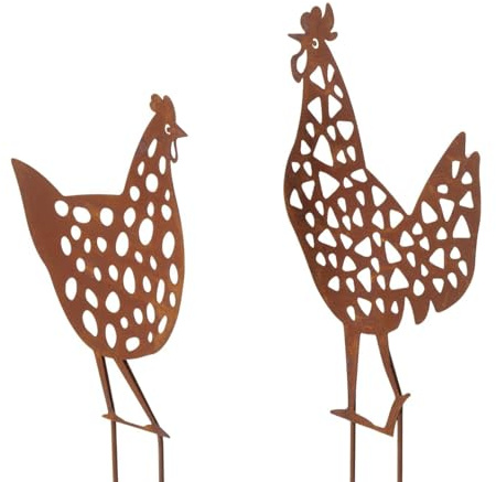 ReWu Boltze Home Gartenstab Pollo Huhn - Hahn & Henne - 2er-Set Gartenstecker Beetstecker Rankstab Edelrost Rost Gartendeko Rostdeko Rostoptik Pflanzstecker aus Eisen