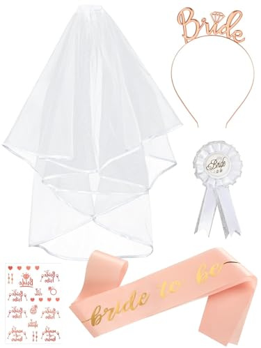 JUNEBRUSHS Bride to be Schärpe Schleier, 5 Stück Frauen Junggesellinnenabschied Accessoires Weiß Braut Tiara JGA mit Rosegold Stirnband Brosche Tattoo Aufkleber für Bachelorette Party Hochzeitsfotogra