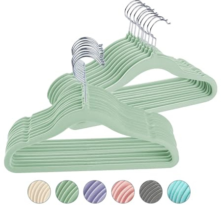 Truevaste Kinderkleiderbügel, 30 Stück Kinder Kleiderbügel Samt Rutschfest, Kleiderbügel Kinder 29,5 cm Länge & 5 mm Dicke, Platzsparend, Baby Kleiderbügel mit 360° Drehbarer Haken, Mintgrün