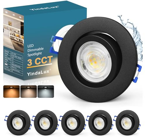 LED Einbaustrahler 230V Dimmbar: 3CCT 5W IP44 Matt Aluminium Ultra Flach Einbauleuchten mit Abnehmbar LED Modul, 45°Schwenkbar Einbauspots, Warmweiß Naturweiß Kaltweiß Deckenspots, Schwarz, 6er Set