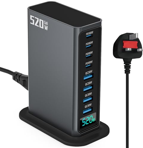 520W GaN5.0 Fast Charging Station - Multi-port Charger Block, 4×USB-C Ports (100W) & 4×USB-A Ports (30W QC) - Compact Multi-Device Charger for Laptops, iPhone 15/16, Galaxy, PS5, Travel & Home