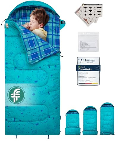 Kingcamp Sacco a pelo per bambini in flanella di cotone, caldo e confortevole, sacco a pelo a coperta idrorepellente per 10-12 anni (fino a 145 cm), accessorio da campeggio per viaggi e attività