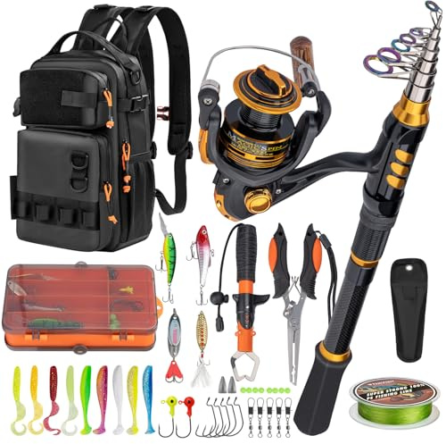 THKFISH Angelruten- und Rollen-Set mit Rucksack, Teleskop-Angelrute, Spinnrolle, Angelködern, Zange und Fischgreifer für Erwachsene