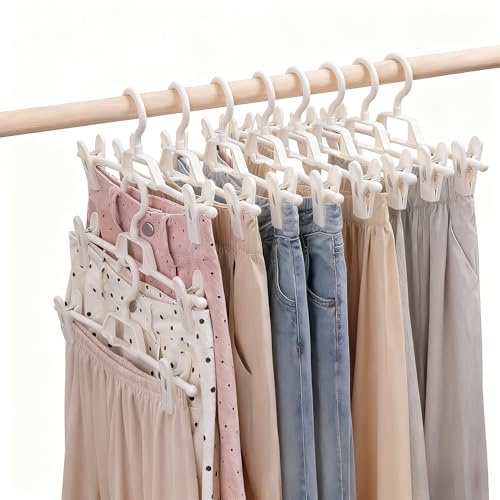 Kovenora 10 Pack Trouser Hangers Space Saving with Adjustable Clips, Skirt Hangers Stackable Design Clip Hangers for Jeans, Skirts, Pants, 360° Swivel Hooks, Wardrobe Organization (White)