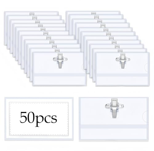 Lot de 50 badges nominatifs en plastique avec pince crocodile et épingle à nourrice - Transparent - Horizontal - Étanche - Pour école, conférence, bureau - 9 x 5,5 cm