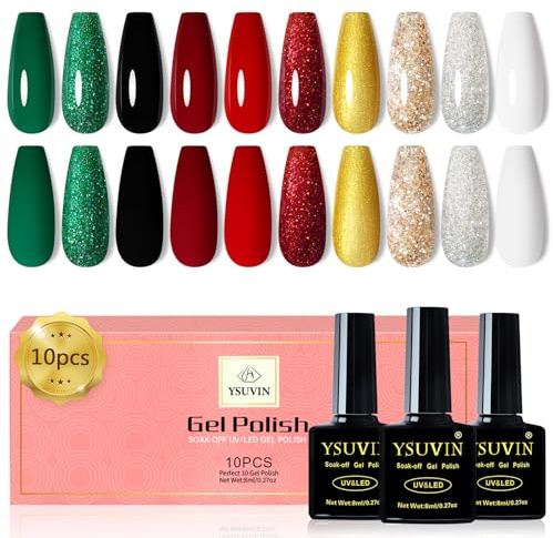Yueshop Gel Nail Polish Set, 10Pcs Christmas Series Gel Polish | Red Green Black Gold Silver Glitter Gel Nail Varnish Soak off UV LED, Long-Lasting, Manicure Studios & Home Use, 8ml