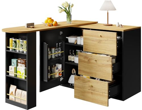 Generisch Ausziehbarer Bartisch mit Stauraum(138-204×39×104cm), 360° drehbare Essbar,Moderner Beweglicher Bar Table,Hochtisch Kücheninsel Bistro Table, Sideboard mit Holzmaserung (Black 3)
