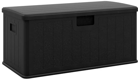 GiantexUK 380L Garden Storage Box, Waterproof Deck Boxes with Lockable Sit-on Lid, Gas Strut & Handles, Wood Effect Outdoor Utility Chest Container for Patio Cushions Garden Tools (Black, 380L)