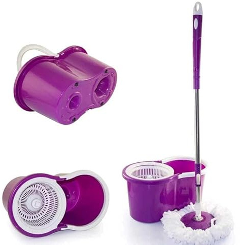 360 Spin Mop & Bucket Set With Two Mop Heads, Anti-Splash Microfibre Mop Strong And Sturdy Material Design Easy Floor Cleaning System for Office & Home Set Of 1x Mop And 1x Bucket, Purple
