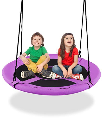 GYMAX Kids Nest Swing, 40 Inch/100cm Saucer Tree Swings with Height Adjustable Hanging Ropes, Indoor Outdoor Children Round Swing for Playground Garden (Purple)