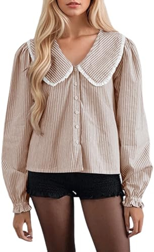 Burtell Striped Button Down Shirts for Women Casual V Neck Long Sleeve Blouse Loose Puff Sleeve Babydoll Tops Business Work Brown