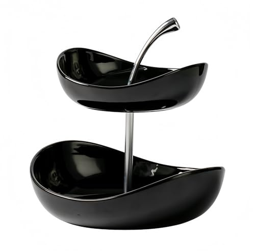 GUASDIE 2 Tier Fruit Bowl Decorative Serving Stand for Kitchen Counter Living Room Storage, Modern Ceramic Tiered Display Tray for Dessert Snack Candy Party Table Centerpiece, Black