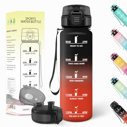 Baramumu Borraccia 1 litro,Riutilizzabile, Borraccia Motivazionale, a Prova di Perdite, Bottiglia Acqua, Senza BPA, Borracce, per Ciclismo, Palestra, Sport, Ufficio, Nero-Rosso