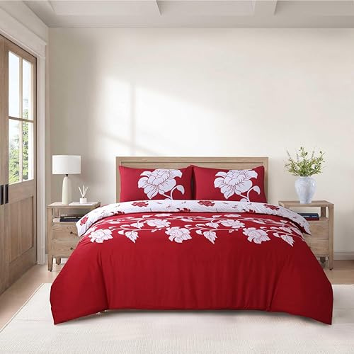 CHARKHAH 4 Piece Complete Bedding Set – Microfiber Reversible Duvet Cover, Deep Fitted Sheet & 2 Pillowcases | Soft, Breathable & Elegant - MF-QA-COM-SET-DOUBLE-RICHMOND-RED