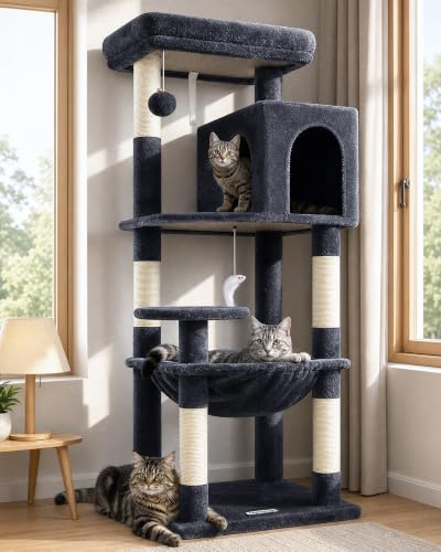 Globlazer Rascador para Gatos Interior 137 cm con inmenso Hamaca 45 * 40cm, Grande Nidos, Plataformas Acolchada, Fácil de Montar Árbol Rascador para Gatos Descansar Jugar Rascarse (F53, Gris Oscuro)