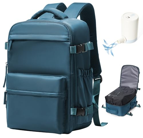 VENATIN Zaino da Viaggio con Sottovuoto, Zaino a compressione sottovuoto, Borse da cabina Ryanair 40x20x25 con sottovuoto con pompa,Pavo blu