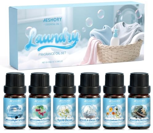 AESHORY Tvätt Eteriska Oljor Set 6 x 10ML, Fräsch Aromaterapioljor Doftoljor för Diffusorer - Frisk & Ren Luft, Aprilren, Fantastiska Blommor, Sandelträ & Vetiver, Blommor & Bär, Månsken Vind